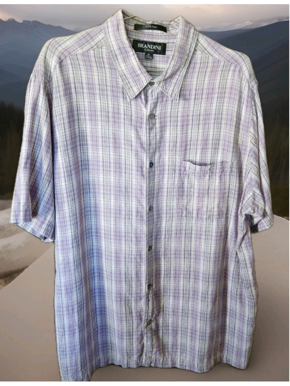 Brandini Mens 100% Linen Shirt XL Button Down Short Sleeves Pocket Plaid